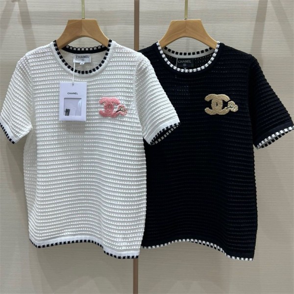 シャネルブランド ニットシャツ おしゃれ 高品質 ホワイト ブラック tシャツ Chanel 小香風 ファション レディース CC刺繍 丸首 半袖 着瘦せ コーデ tシャツ 