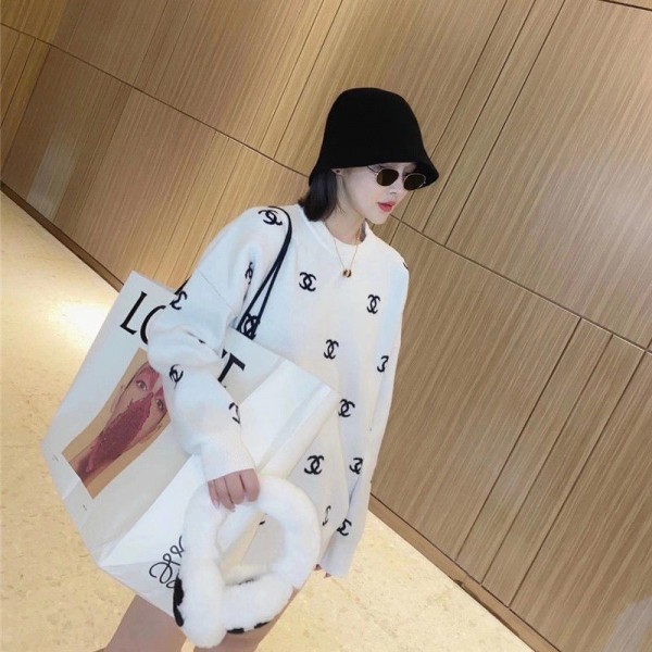 シャネル ブランド セーター Chanel ブラック ホワイトシンプル ニットセーター柔らかい 暖かい 女性 ニットプルオーバー 丸首 韓国風 長袖 ファション
