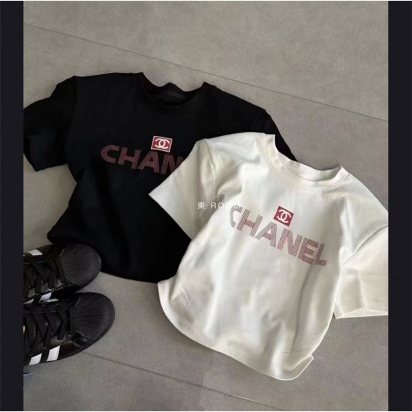 シャネルブランドtシャツ chanel ホワイト ブラック2色 半袖tシャツ 上着 おしゃれ 高品質 丸首 tシャツ 女性愛用 tシャツ 夏服