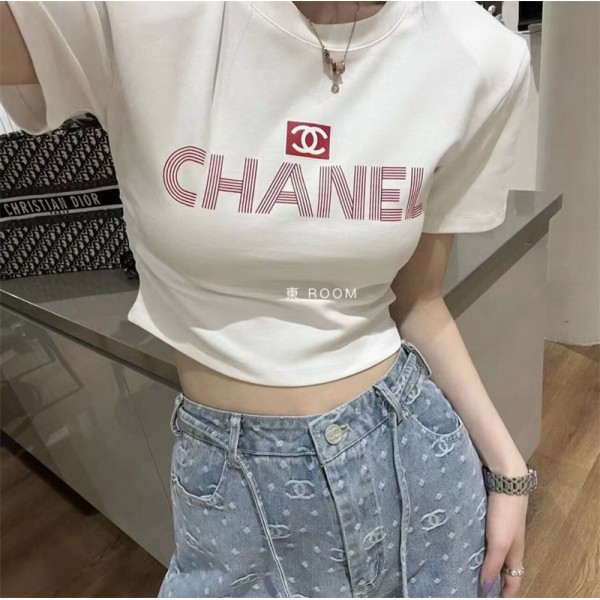 シャネルブランドtシャツ chanel ホワイト ブラック2色 半袖tシャツ 上着 おしゃれ 高品質 丸首 tシャツ 女性愛用 tシャツ 夏服