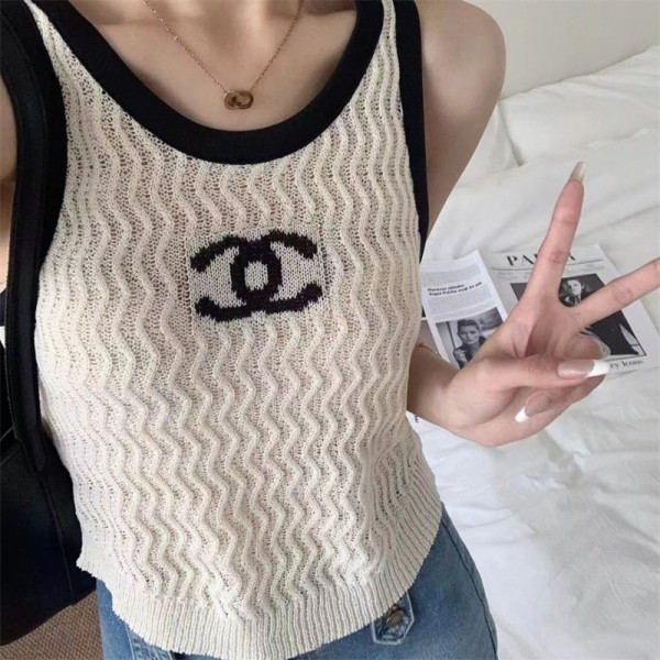 Chanel シャネルブランドシャネル ベスト 黒白 モノグラム ニット製 涼しいブラン 高品質Tシャツカットソーペアカップル大人の上質Tシャツ