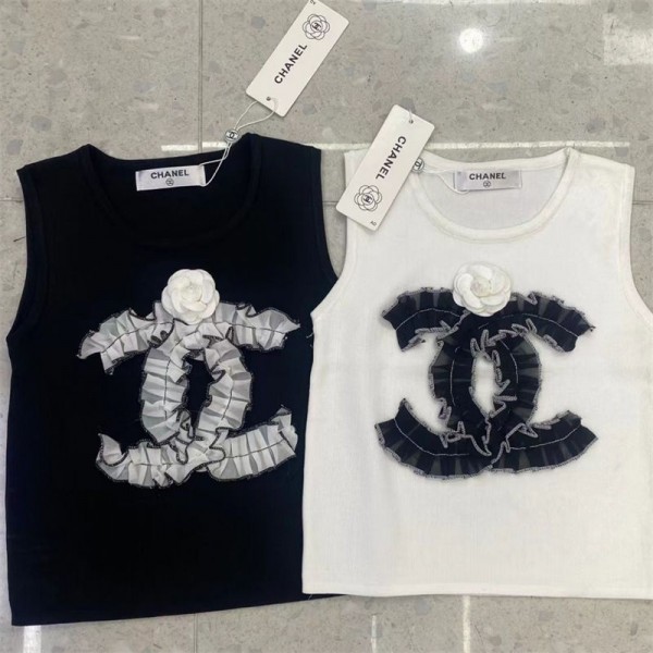 Chanel シャネルブランドースリーブ Tシャツ レディース クルーネック S - XL タンクトップ レディース 刺繍の柄 トップス スリーブレスTシャツ ノースリーブシャツ インナー 丸首 プルオーバー ノースリーブ カットソー スリム 細身 黒 白