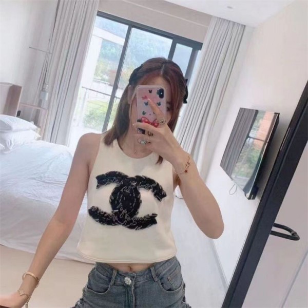 Chanel シャネルブランドースリーブ Tシャツ レディース クルーネック S - XL タンクトップ レディース 刺繍の柄 トップス スリーブレスTシャツ ノースリーブシャツ インナー 丸首 プルオーバー ノースリーブ カットソー スリム 細身 黒 白