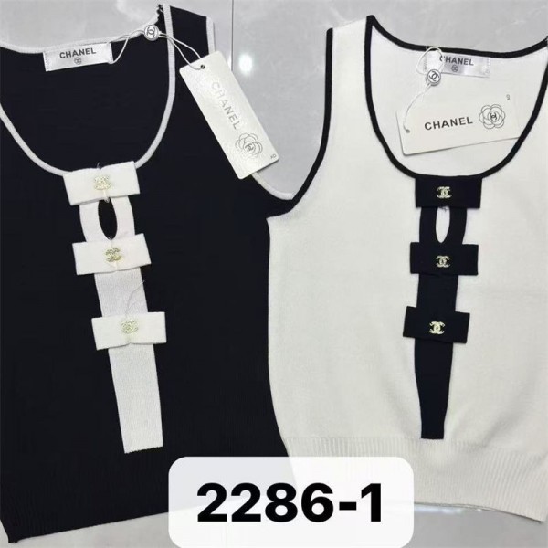 Chanel シャネルブランドサマーニット レデイース ノースリーブ タンクトップ キャミソール ホルターネック ストライプ おしゃれ 可愛さ トップス インナー 黒白 S - XL