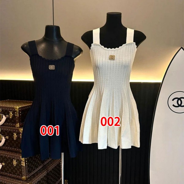 ミュウミュウ MiuMiuブランドレディース ニットワンピース タンクトップ ノースリーブ ミニワンピース ペチコート 修身 夏 Aライン 綿 露背係 キャミソール ドレスS - XL