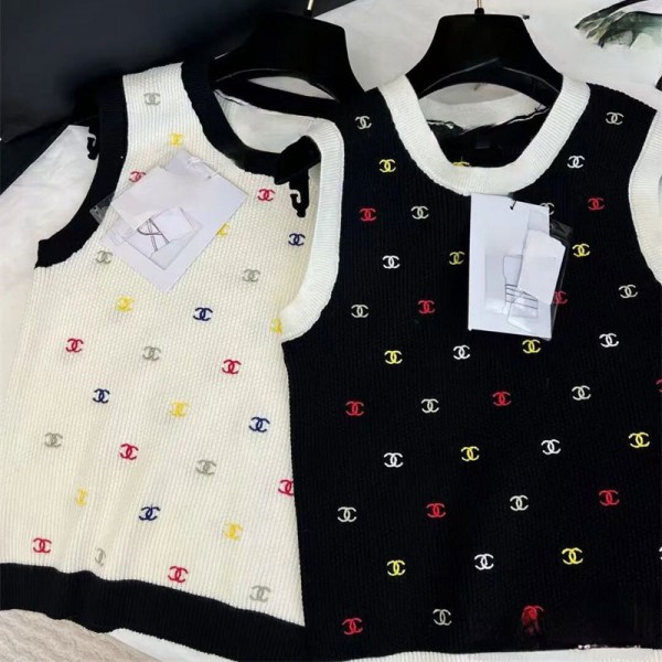 Chanel シャネルブランドサマーニット タンクトップ キャミソール レデイース ノースリーブ トップス カットソー 刺繍 清楚 可愛さ ins スタイリッシュ S - XL