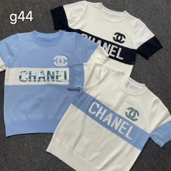 Chanel シャネルブランドＴシャツ レディース サマーニット半袖 Tシャツ Uネック ゆったり 落ち感カットソー ファッション夏服 トップス きれい め コーデ S - L