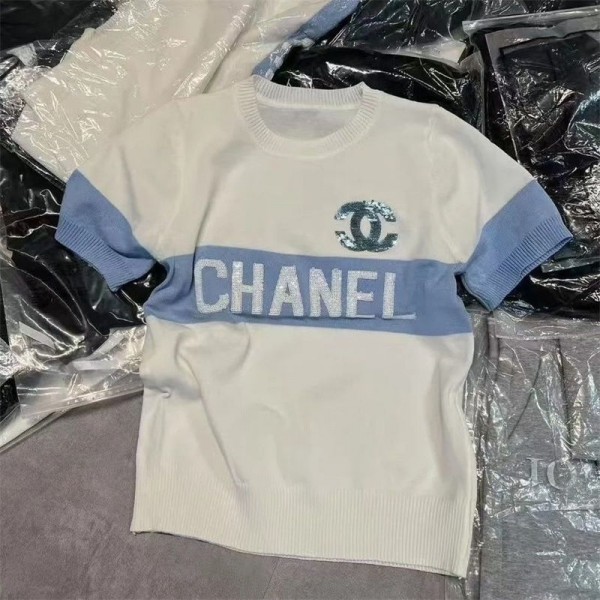 Chanel シャネルブランドＴシャツ レディース サマーニット半袖 Tシャツ Uネック ゆったり 落ち感カットソー ファッション夏服 トップス きれい め コーデ S - L