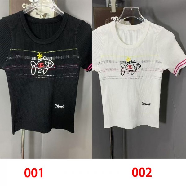 Chanel シャネルハイブランドtシャツフレンチスリーブ サマーニット カットソー 薄手 レディース 半袖 リブ ニット トップス 春服 夏服 ゆったり 細見え XS - M