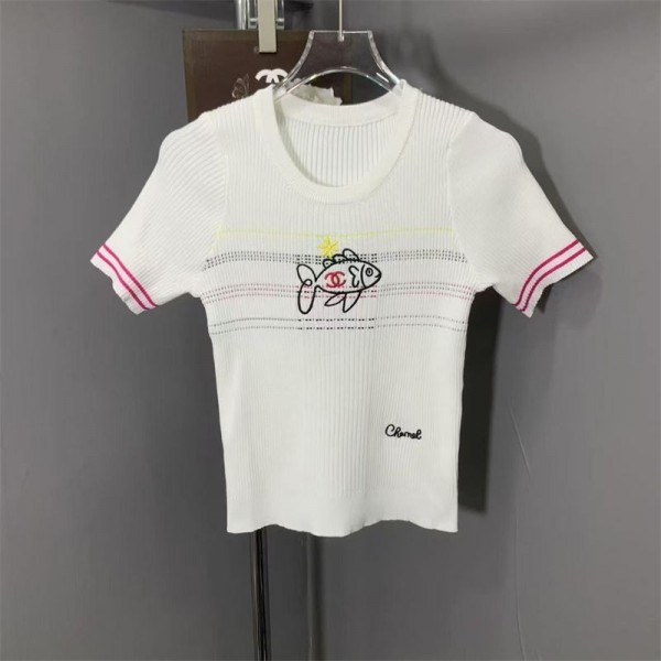 Chanel シャネルハイブランドtシャツフレンチスリーブ サマーニット カットソー 薄手 レディース 半袖 リブ ニット トップス 春服 夏服 ゆったり 細見え XS - M