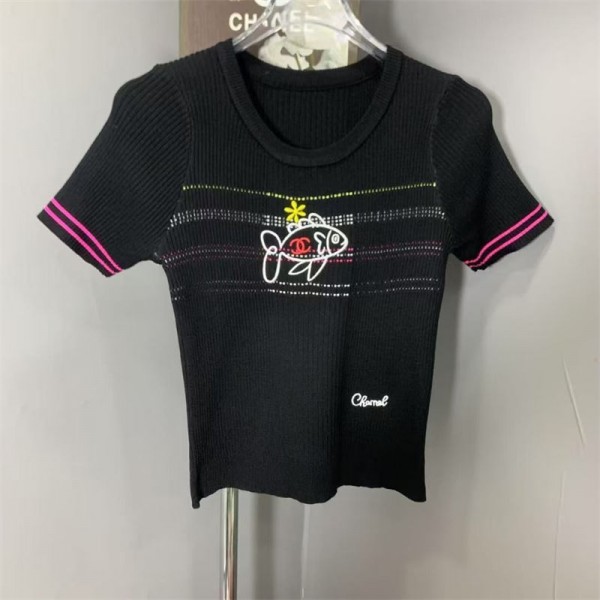 Chanel シャネルハイブランドtシャツフレンチスリーブ サマーニット カットソー 薄手 レディース 半袖 リブ ニット トップス 春服 夏服 ゆったり 細見え XS - M