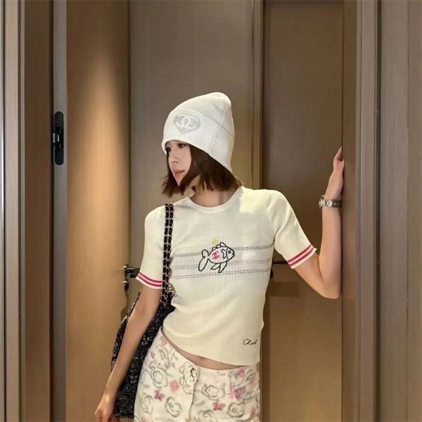 Chanel シャネルハイブランドtシャツフレンチスリーブ サマーニット カットソー 薄手 レディース 半袖 リブ ニット トップス 春服 夏服 ゆったり 細見え XS - M