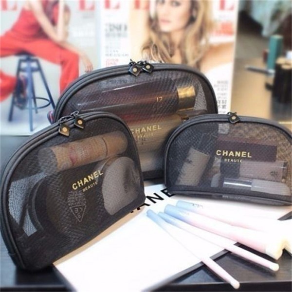 Chanel シャネルブランド3個セット メッシュ化粧品袋 メッシュ収納袋 透明な保存袋 メッシュメイクアップバッグ 大容量化粧ポーチ 旅行化粧バッグ メッシュ化粧品バッグ 小さなポーチ Black
