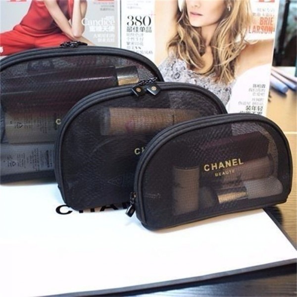 Chanel シャネルブランド3個セット メッシュ化粧品袋 メッシュ収納袋 透明な保存袋 メッシュメイクアップバッグ 大容量化粧ポーチ 旅行化粧バッグ メッシュ化粧品バッグ 小さなポーチ Black