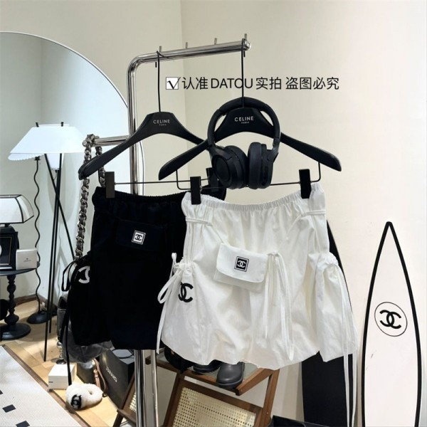 ブランド シャネル スカート レディース Aライン CHANEL ショートスカート バルーン ポケット付き ミモレ丈 ハイウエスト ゆったり 体型カバー バルーンスカート フレア ウエストゴム 無地 着痩せ カジュアル 通勤 春 夏 