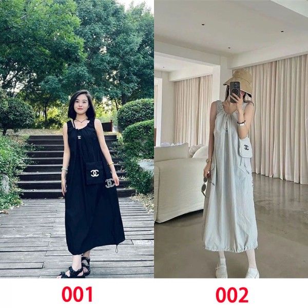 Chanel シャネルハイブランド ワンピース レディース ノースリーブ 無袖 マキシ丈 春 夏 ゆったり 体型カバー S - L 大きいサイズ 柔らかい 妊娠服 ロング丈 ドレス 着痩せ おしゃれ シアン 青色 日常 旅行 高身長