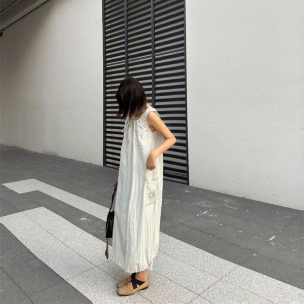 Chanel シャネルハイブランド ワンピース レディース ノースリーブ 無袖 マキシ丈 春 夏 ゆったり 体型カバー S - L 大きいサイズ 柔らかい 妊娠服 ロング丈 ドレス 着痩せ おしゃれ シアン 青色 日常 旅行 高身長