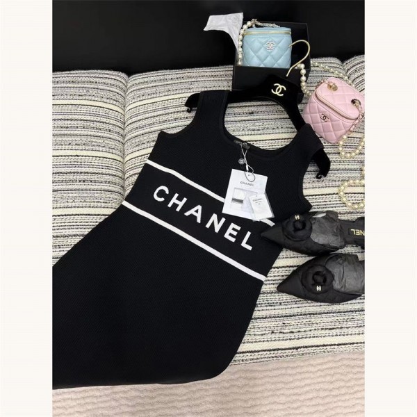 Chanel シャネルブランドタンクワンピース タイト ニットワンピース レディース ノースリーブ ミニ ボディコン きれいめ 可愛い 春 夏 秋 S - L