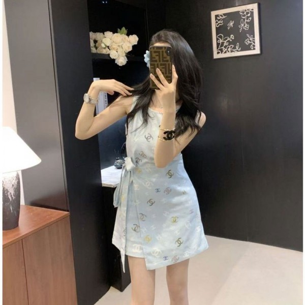 Chanel シャネルブランドフレア タンクワンピース レディース ノースリーブ aライン ラウンドネック S - L ショート丈 わんびーす 女性 袖無し 丸首 膝上丈 キャミワンピース 婦人 裏地付き クルーネック ひざ丈 ドレス 春 夏 秋