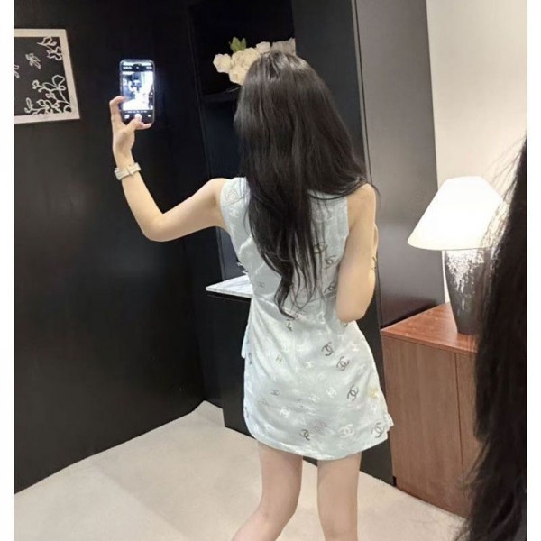 Chanel シャネルブランドフレア タンクワンピース レディース ノースリーブ aライン ラウンドネック S - L ショート丈 わんびーす 女性 袖無し 丸首 膝上丈 キャミワンピース 婦人 裏地付き クルーネック ひざ丈 ドレス 春 夏 秋