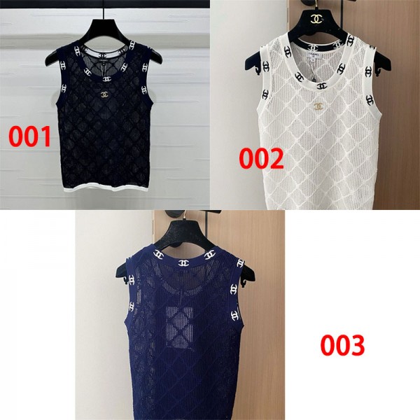 Chanel シャネルブランドニットタンクトップ レディース トップス ニット ノースリーブ ショート丈 へそ出し重ね着 夏 S - XL キャミソール Tシャツ 薄手 カットソー 通気性 涼しい
