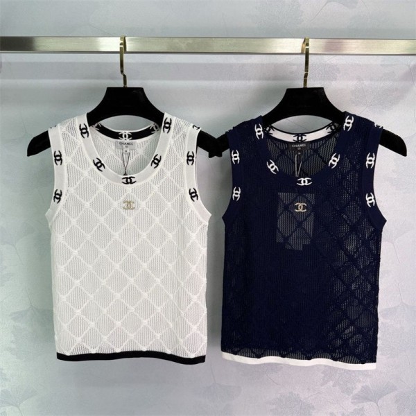 Chanel シャネルブランドニットタンクトップ レディース トップス ニット ノースリーブ ショート丈 へそ出し重ね着 夏 S - XL キャミソール Tシャツ 薄手 カットソー 通気性 涼しい