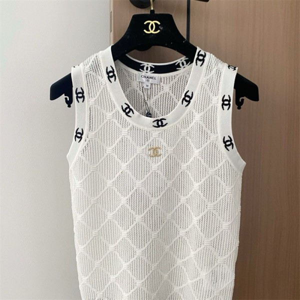 Chanel シャネルブランドニットタンクトップ レディース トップス ニット ノースリーブ ショート丈 へそ出し重ね着 夏 S - XL キャミソール Tシャツ 薄手 カットソー 通気性 涼しい