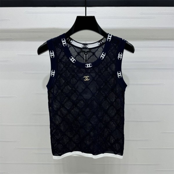 Chanel シャネルブランドニットタンクトップ レディース トップス ニット ノースリーブ ショート丈 へそ出し重ね着 夏 S - XL キャミソール Tシャツ 薄手 カットソー 通気性 涼しい