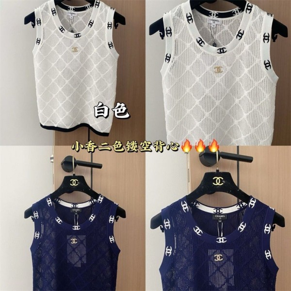 Chanel シャネルブランドニットタンクトップ レディース トップス ニット ノースリーブ ショート丈 へそ出し重ね着 夏 S - XL キャミソール Tシャツ 薄手 カットソー 通気性 涼しい