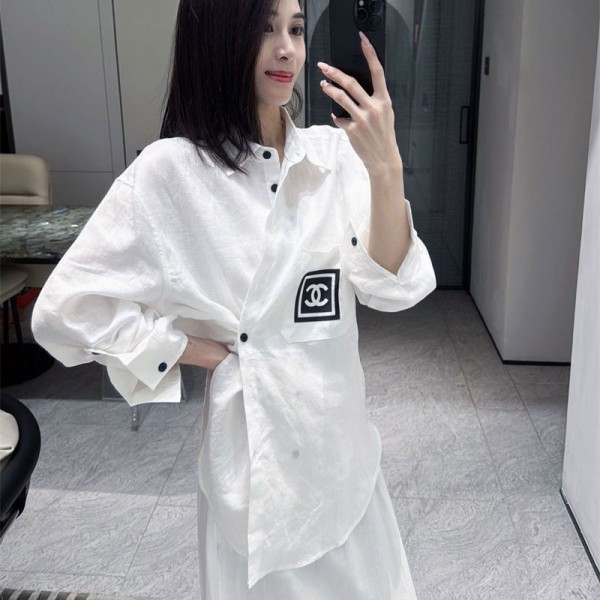 Chanel シャネルブランドシアーシャツ スカート2点セット 透け感 レディース S - L日焼け止め 上着 長袖 前開き ロングドレス 大きいサイズ トレンド 白 カジュアルファッション ゆったり涼しい 夏 春 秋 ライトブルー