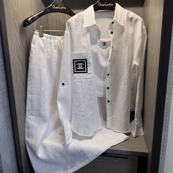 Chanel シャネルブランドシアーシャツ スカート2点セット 透け感 レディース S - L日焼け止め 上着 長袖 前開き ロングドレス 大きいサイズ トレンド 白 カジュアルファッション ゆったり涼しい 夏 春 秋 ライトブルー