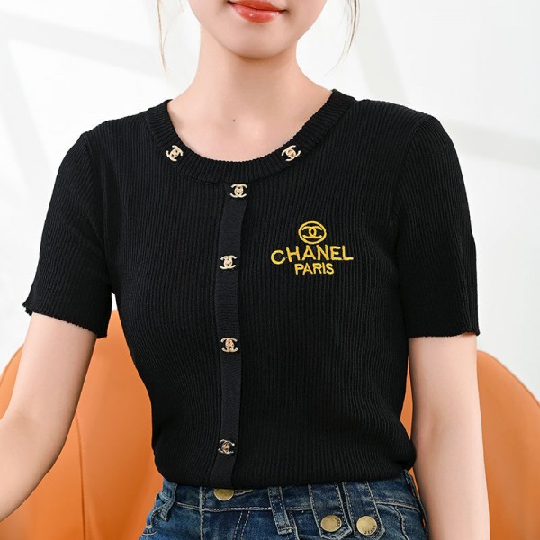 Chanel シャネルハイブランド Tシャツ レディース 半袖 トップス 春夏 Vネック tシャツ 綿100% 刺繍ロゴ カットソー おしゃれ 通気性 薄手 シンプル カジュアル 仕事 通勤 バイト きれいめ