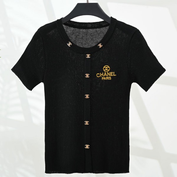 Chanel シャネルハイブランド Tシャツ レディース 半袖 トップス 春夏 Vネック tシャツ 綿100% 刺繍ロゴ カットソー おしゃれ 通気性 薄手 シンプル カジュアル 仕事 通勤 バイト きれいめ