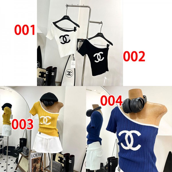 Chanel シャネルニットtシャツハイブランドレディースTシャツ ワンショルダー 不規則な襟 半袖 薄手 オフショルダートップス 柔らかい 肌触り ファッション ゆるい 体型カバー 着回し力 オフィス 人気 かわいい 通気性 通勤 セクシー グレース カジュアル 春夏