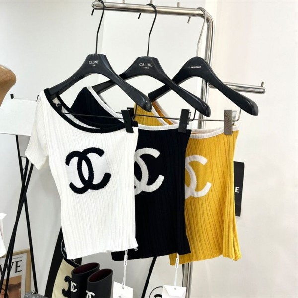 Chanel シャネルニットtシャツハイブランドレディースTシャツ ワンショルダー 不規則な襟 半袖 薄手 オフショルダートップス 柔らかい 肌触り ファッション ゆるい 体型カバー 着回し力 オフィス 人気 かわいい 通気性 通勤 セクシー グレース カジュアル 春夏