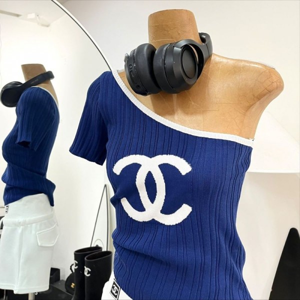 Chanel シャネルニットtシャツハイブランドレディースTシャツ ワンショルダー 不規則な襟 半袖 薄手 オフショルダートップス 柔らかい 肌触り ファッション ゆるい 体型カバー 着回し力 オフィス 人気 かわいい 通気性 通勤 セクシー グレース カジュアル 春夏