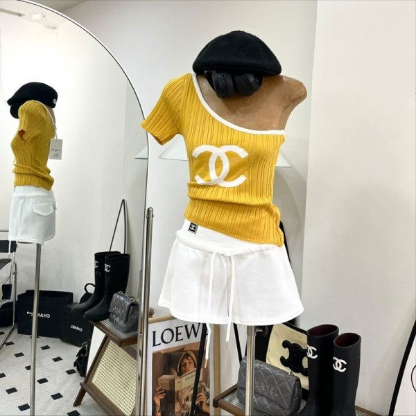 Chanel シャネルニットtシャツハイブランドレディースTシャツ ワンショルダー 不規則な襟 半袖 薄手 オフショルダートップス 柔らかい 肌触り ファッション ゆるい 体型カバー 着回し力 オフィス 人気 かわいい 通気性 通勤 セクシー グレース カジュアル 春夏