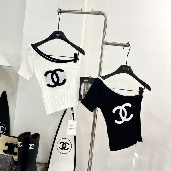 Chanel シャネルニットtシャツハイブランドレディースTシャツ ワンショルダー 不規則な襟 半袖 薄手 オフショルダートップス 柔らかい 肌触り ファッション ゆるい 体型カバー 着回し力 オフィス 人気 かわいい 通気性 通勤 セクシー グレース カジュアル 春夏