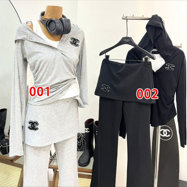 シャネル レディース 3点セット Chanel ジャージ セットアップ パーカー+ワイドパンツ M,L スポーツ スウェット 上下セット スーツ 春服 秋服 フード付き パフスリーブ ロング丈 カジュアル ゆったり 大人 可愛い おしゃれ 着痩せ 通学 部屋着 春秋