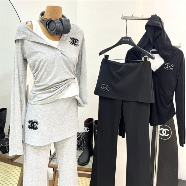 シャネル レディース 3点セット Chanel ジャージ セットアップ パーカー+ワイドパンツ M,L スポーツ スウェット 上下セット スーツ 春服 秋服 フード付き パフスリーブ ロング丈 カジュアル ゆったり 大人 可愛い おしゃれ 着痩せ 通学 部屋着 春秋