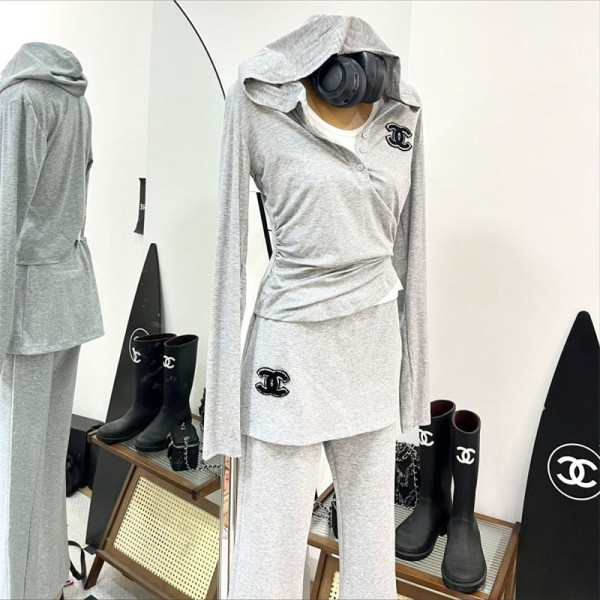 シャネル レディース 3点セット Chanel ジャージ セットアップ パーカー+ワイドパンツ M,L スポーツ スウェット 上下セット スーツ 春服 秋服 フード付き パフスリーブ ロング丈 カジュアル ゆったり 大人 可愛い おしゃれ 着痩せ 通学 部屋着 春秋