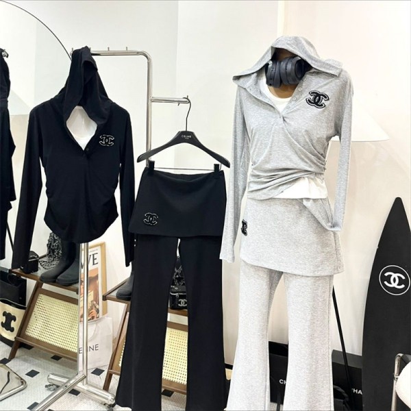 シャネル レディース 3点セット Chanel ジャージ セットアップ パーカー+ワイドパンツ M,L スポーツ スウェット 上下セット スーツ 春服 秋服 フード付き パフスリーブ ロング丈 カジュアル ゆったり 大人 可愛い おしゃれ 着痩せ 通学 部屋着 春秋