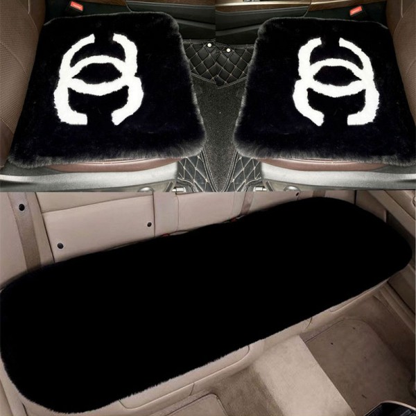 Chanel ブランド もこもこカーシートクッション 可愛い おしゃれ シャネル シートカバー 3点セット 運転席 助手席 後部座席 軽自動車 ロング ファー 座布団 車用品