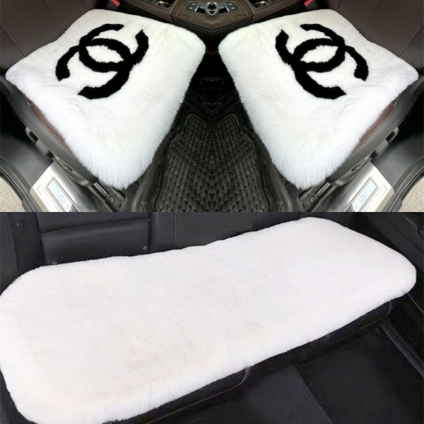 Chanel ブランド もこもこカーシートクッション 可愛い おしゃれ シャネル シートカバー 3点セット 運転席 助手席 後部座席 軽自動車 ロング ファー 座布団 車用品