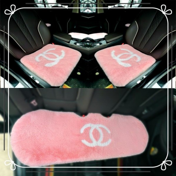 Chanel ブランド もこもこカーシートクッション 可愛い おしゃれ シャネル シートカバー 3点セット 運転席 助手席 後部座席 軽自動車 ロング ファー 座布団 車用品