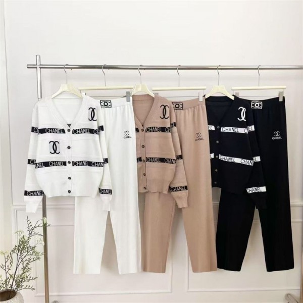 Chanel シャネルブランドレディース ニット カーディガン ロングパンツ セットアップ セーター スカート 2点セット コート ニットズボン 上下セット ジャケット トップス パンツスーツ 暖かい 長袖 Vネック カジュアル 春秋冬S- 2XL
