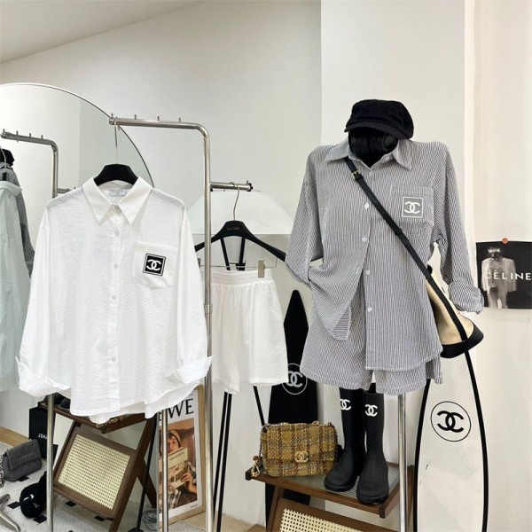 シャネルレディース 長袖シャツ 短パン セットアップ 2点セットアップ CHANEL 長袖 ネルシャツ ゆったり 大きいサイズ トップス ジャケット ブラウス 通勤 通学 春 秋 冬カジュアル
