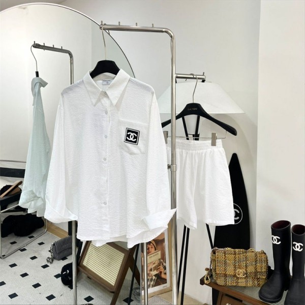 シャネルレディース 長袖シャツ 短パン セットアップ 2点セットアップ CHANEL 長袖 ネルシャツ ゆったり 大きいサイズ トップス ジャケット ブラウス 通勤 通学 春 秋 冬カジュアル