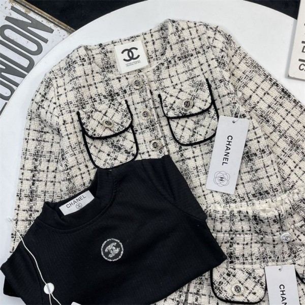 Chanel シャネルハイブランド女の子スーツ フォーマルセット 3点セット 100 - 150cm 子供スーツ ガールズ ツイルセットアップ ワンピース ｔシャツ 発表会 卒業式 ピアノ キッズフォーマル フォーマル 女児スーツ