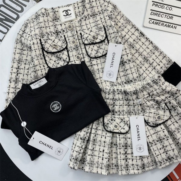 Chanel シャネルハイブランド女の子スーツ フォーマルセット 3点セット 100 - 150cm 子供スーツ ガールズ ツイルセットアップ ワンピース ｔシャツ 発表会 卒業式 ピアノ キッズフォーマル フォーマル 女児スーツ